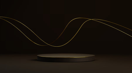 Gold lines flowing above black round podium on dark background - minimalist luxury platform display with glowing curved strands. Elegant showcase scene for product presentation and premium branding.のイラスト素材