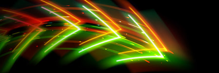Neon orange green arrows on black background. Vector realistic illustration of nightclub banner, modern technology presentation template, data speed effect, high tech boost, geometric motion signのイラスト素材