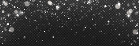 Falling snow on transparent background - winter snowfall, Christmas snowflakes confetti. Frosty snowstorm effect, magic sparkle flake elements. Holiday season vector realistic flurry overlay.のイラスト素材