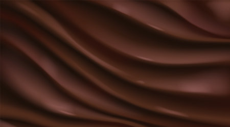 Brown silk fabric or liquid chocolate swirls background. Smooth creamy melted chocolate or cocoa ripples abstract texture. Flowing curves, waves and folds. Truffle ganache or hot fudge sauce.のイラスト素材