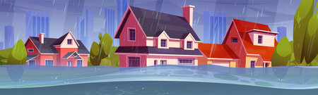 Flood in residential area, colorful houses submerged. Heavy rain caused natural disaster, water overflowing properties. Autumn trees, dramatic sky backdrop. Weather catastrophe impact on suburb.のイラスト素材