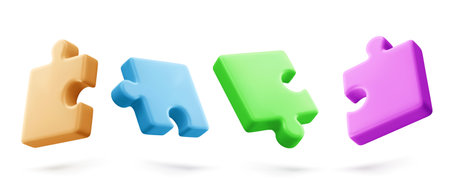 3D puzzle pieces set isolated on white background. Vector realistic illustration of color jigsaw game parts, kids early education toy, business teamwork or problem solution concept, match challengeのイラスト素材