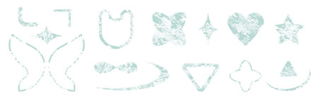 Grainy shapes set isolated on white background. Vector realistic illustration of turquoise heart, flower, star, butterfly figures with gradient noise texture, y2k halftone icons, photocopy effectのイラスト素材