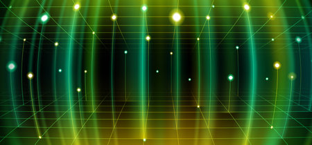 High tech banner with green wireframe on black background. Vector realistic illustration of global communication system, cyber connection mesh lines, digital data transfer, AI software developmentのイラスト素材