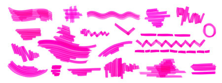 Pink highlight marker lines set isolated on white background. Vector realistic illustration of color felt pen marks, doodle wave, check, zigzag strokes, bright scribbles for school banner designのイラスト素材