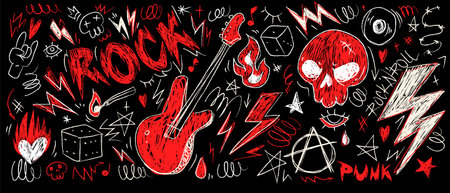 Punk rock music design elements collection - electric guitar, skull, flame, anarchy symbol, lightning bolt hand drawn vector illustrations. Red and white doodle style sketches for underground postersのイラスト素材