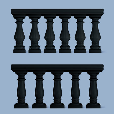 Decorative 3d balustrade silhouettes, black architectural elements. Vintage railings or fences designs. Classic baluster posts in baroque style. Vector set for exterior decor, buildings, borders.のイラスト素材