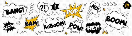 Comic speech bubbles set isolated on background. Vector cartoon illustration of black and yellow retro text clouds, kaboom, pop, hey, no exclamation stickers design, surprise bang effect, doodle artのイラスト素材
