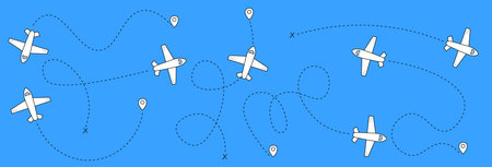 Plane route map collection - airplanes flying paths marked by dashed lines and pins. Travel itinerary, airline trip planning and flight navigation. Aviation journey direction arrows on blue sky.のイラスト素材
