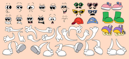 Retro mascot face body parts set isolated on background. Vector cartoon illustration of eyes and mouths with different emotions, hands and legs, sunglasses, hats, shoes for groovy character designのイラスト素材
