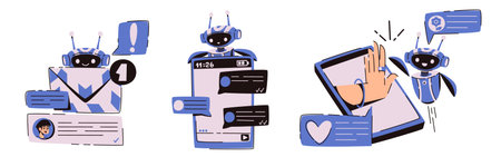 Assistant app chatbots set isolated on white. Vector cartoon illustration of artificial intelligence bot characters in email, messenger, AI chat application, virtual mascot, mobile software characterのイラスト素材