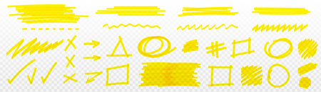 Yellow highlight marker lines set isolated on transparent background. Vector realistic illustration of color felt pen marks, doodle wave, check, zigzag strokes, scribbles for school banner designのイラスト素材