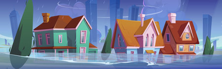 Flooded city street with houses under water. Vector cartoon illustration of suburban town buildings and modern skyscrapers wet from heavy thunderstorm rain, stormy weather damage, property insuranceのイラスト素材