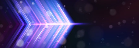 Neon arrow boost abstract background. Glowing shiny lines and shapes in dynamic composition, speed motion trail effect. Futuristic progress technology style design in vibrant blue and purple colors.のイラスト素材