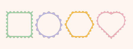 Set of scallop frames with wavy edges isolated on white background. Vector cartoon illustration of square, round, hexagon, heart shape borders with color doodle art design for poster, game avatarのイラスト素材