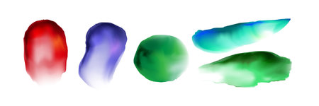 Watercolour brushstroke shapes. Translucent paint splotches. Colorful abstract artistic watercolor stain elements, flowing liquid ink splashes on white background for creative design projects.のイラスト素材