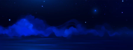 Night sky filled with smoke or fog drifting over water. Dark blue starry scene reflected in ocean waves. Mystical atmosphere landscape. Fantasy background with illuminated haze over river surface.のイラスト素材