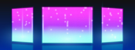 LED screen stage background with glowing neon pink and blue pixel dot pattern. Bright colorful shining digital display. Abstract technology backdrop. Futuristic concert or disco event design.のイラスト素材