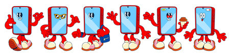 Groovy smartphone characters set isolated on white background. Vector cartoon illustration of smiling mobile phone mascots waving hello, holding coffee cup, wearing sunglasses, communication iconのイラスト素材