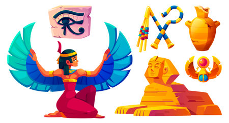 Ancient Egyptian culture symbols set isolated on white background. Vector cartoon illustration of antique broken vase, golden scarab, sphinx monument, cleopatra character, archeology museum elementsのイラスト素材