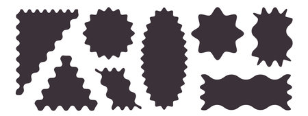 Black scallop edge shapes set isolated on white background. Vector realistic illustration of round, star, triangle, rectangle shape boxes with wavy borders, blank corrugated stamps, serrated badgeのイラスト素材