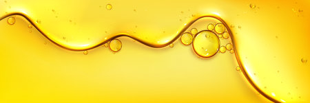 Oil texture forms bubble shapes, glistening yellow background with smooth wavy surface, floating circular golden elements. shiny fluid glossy pattern in bright amber color - petroleum closeup design.のイラスト素材