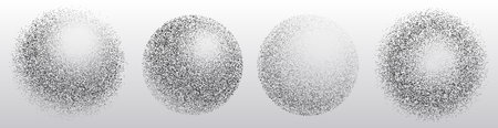 Dotted sphere shapes set - various circle silhouettes formed by dense black dot texture. Round grainy stamps, stencil elements with stipple effect. Halftone gradient splatter blobs for grunge design.のイラスト素材
