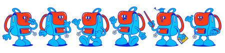 Set of cartoon school backpack characters - walking and waving hands, holding pointer and book. Blue bag mascot with arms, legs and eyes showing various gestures and emotions for education design.のイラスト素材