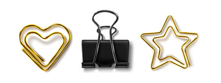 Paper binder, metal star and heart shapes clip set - realistic metallic fastener, shiny gold wire outline document holders. Stationery elements, office supplies, desktop accessories vector pack.のイラスト素材