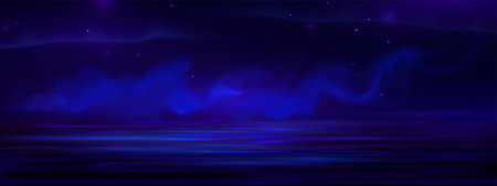 Starry night sky and mist above water surface. Vector realistic illustration of bright stars in dark cloudscape, neon blue fog floating on river, sea, lake, spooky scenery, scary Halloween backgroundのイラスト素材