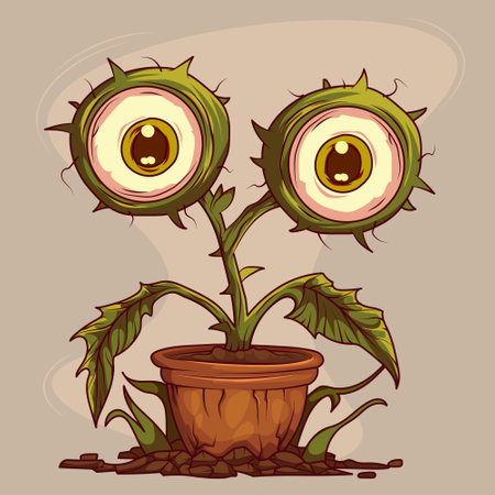 Cute monster plant illustration with big eyes - cartoon green creature growing from pot. Round flower like centers framed by spiky leaves. Stylized terrible houseplant in flowerpot with soil.のイラスト素材