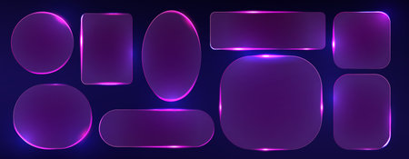 Glass frames with purple neon light set - rectangle and round, square and oval shapes with glowing effect. Futuristic glossy banner border design elements. Night club or game hud ui geometric signs.のイラスト素材