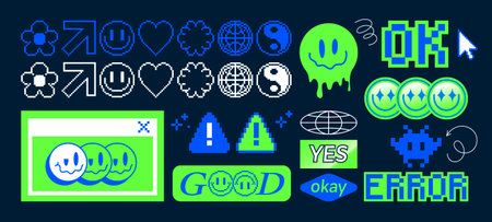 Y2k sticker collection with smile and pixel symbols, text words in retro neon acid style. Acid bright colors on black - blue, green and white shapes for trendy 90s vintage themed graphic design.のイラスト素材