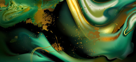 Abstract fluid art texture, luxury background in emerald green, mint and gold colors. Liquid marble effect with golden powder and glitter. Swirling elegant and dreamy paint wavy design pattern.のイラスト素材