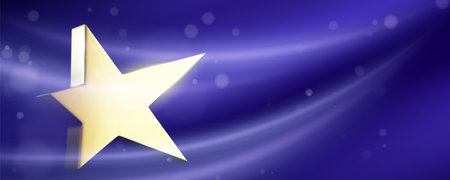 Golden 3D star shape on shiny blue silk fabric background. Bright metallic award symbol, luxury celebration icon. Elegant festive vector illustration for event invitation, premium product design.のイラスト素材