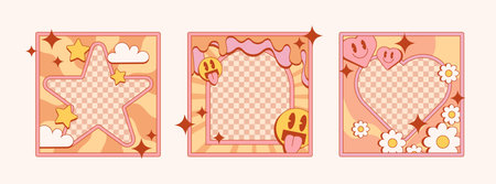Retro 70s style groovy frames set with psychedelic elements - funky square borders. Trippy vintage stickers, patches with star, emoticon and heart shapes. Hippie aesthetic doodle backgrounds.のイラスト素材