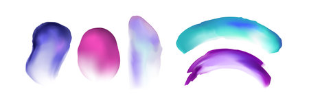 Colorful watercolor paint brushstrokes set - vivid purple, pink and blue gradient brush splatters. Modern fluid watercolour painting stains, blots, smudges pack. Vibrant liquid ink smear blobs.のイラスト素材