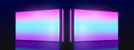 LED screen panels set glowing on dark background - large stadium or stage displays shining with bright blue purple light. Blank digital billboards or empty advertising lightboxes. Vector design mockupのイラスト素材