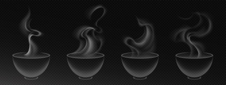 Steam rising from hot food bowl set isolated on transparent background. Vector realistic illustration of dish of soup, coffee, tea with smoke outline effect, warm drink with vapor swirl, menu iconsのイラスト素材