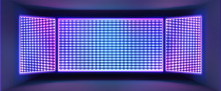 Led screen wall display glowing with bright purple and blue gradient light - large blank digital...