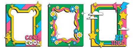 Psychedelic color frames set isolated on white background. Vector cartoon illustration of green borders decorated with stars, clouds, lightning bolts, flowers, poster templates with groovy designのイラスト素材