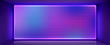 Blue led screen mockup in room. Vector realistic illustration of neon purple light stage panels, tv show, stadium, concert or night club wall equipment, lcd display with color dots, color lamps gridのイラスト素材