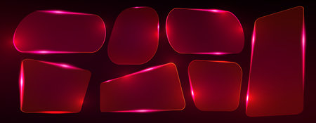Neon light frame set - glowing red glass shapes on dark background. Luminous geometric rectangles with rounded corners. Futuristic glossy banner borders, modern bright ui or game hud design elements.のイラスト素材
