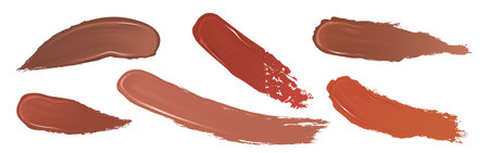 Dark skin foundation swatch set - brown liquid makeup smudges, smears of cosmetic product samples. Variety of deep cocoa tones smooth strokes collection for beauty brand, shades palette for matching.のイラスト素材