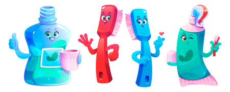 Kids tooth care characters set isolated on white background. Vector cartoon illustration of cute toothbrush, mint toothpaste, mouthwash bottle mascots, dentist health care clinic, oral hygiene symbolsのイラスト素材