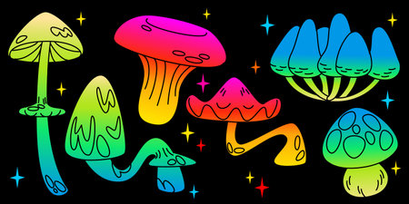 Psychedelic mushrooms set isolated on black background. Vector cartoon illustration of groovy fungi with acid color hats and legs, magic forest plants, trippy design elements pack for retro posterのイラスト素材