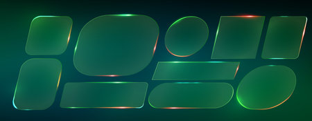 Glowing neon green glass frames on dark background - different rounded rectangle shapes, shining edges, futuristic digital design elements for ui, banners or titles. Blank geometric templates set.のイラスト素材