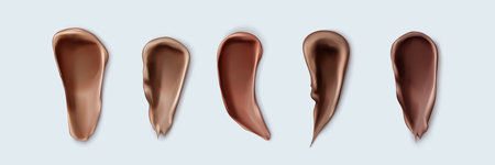 Dark skin foundation swatches from lightest to deepest shades - smooth smears showing color range for makeup matching. Liquid cosmetic texture strokes, beauty product samples for dark skin tones.のイラスト素材