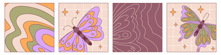 Groovy retro butterfly vector illustrations - psychedelic lines and shapes forming winged insects. Funky 60s or boho style design elements with vintage colors and symmetric patterns for prints.のイラスト素材