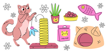 Cat care accessories set isolated on white background. Vector cartoon illustration of cute playful kitten, pet shop goods, soft animal house, food package and bowl, scratching post, toy fish for funのイラスト素材